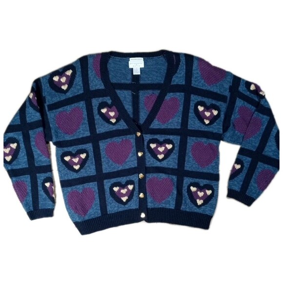 VTG Christopher & Banks Hand Embroidered Cardigan Sweater L  Hearts Gold Buttons - Picture 1 of 6